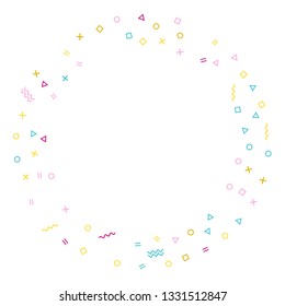 Memphis style geometric confetti vector background with triangle, circle, square shapes, chevron and wavy line ribbons. Small 90s style bauhaus pink cyan gold decor confetti flying on white.