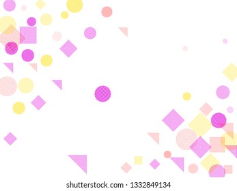 Memphis style geometric confetti vector background with triangle, circle, square shapes, rhombus. Simple 90s style bauhaus pink purple yellow party confetti flying on white. 