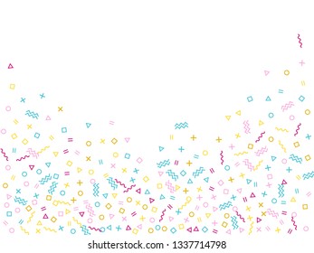 Memphis style geometric confetti vector background with triangle, circle, square shapes, zigzag and wavy line ribbons. Minimal 80s style bauhaus magenta blue yellow party confetti flying on white.