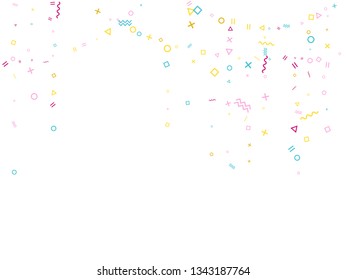 Memphis style geometric confetti vector background with triangle, circle, square shapes, zigzag and wavy line ribbons. Small 90s style memphis pink blue yellow confetti flying scatter on white.