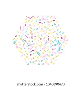 Memphis style geometric confetti vector background with triangle, circle, square shapes, zigzag and wavy line ribbons. Festive 80s style memphis crimson blue yellow decor confetti falling on white.