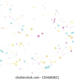 Memphis style geometric confetti vector background with triangle, circle, square shapes, chevron and wavy line ribbons. Magic 90s style memphis crimson blue yellow party confetti flying on white.