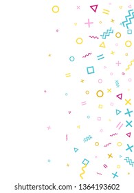 Memphis style geometric confetti vector background with triangle, circle, square shapes, chevron and wavy line ribbons. Fancy 80s style memphis pink cyan gold party confetti falling on white.