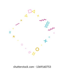 Memphis style geometric confetti vector background with triangle, circle, square shapes, zigzag and wavy line ribbons. Modern 90s style bauhaus pink blue gold party confetti flying on white.