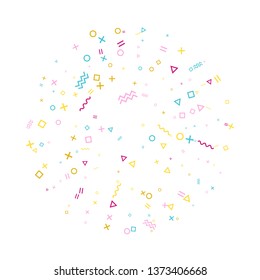 Memphis style geometric confetti vector background with triangle, circle, square shapes, chevron and wavy line ribbons. Festive 90s style bauhaus magenta blue yellow party confetti falling on white.