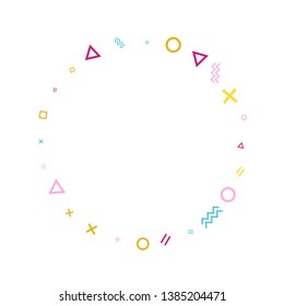 Memphis style geometric confetti vector background with triangle, circle, square shapes, zigzag and wavy line ribbons. Minimal 90s style memphis crimson blue yellow confetti flying scatter on white.