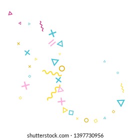 Memphis style geometric confetti vector background with triangle, circle, square shapes, zigzag and wavy line ribbons. Modern 90s style bauhaus pink blue yellow decor confetti falling on white.
