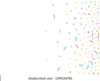 Memphis style geometric confetti vector background with triangle, circle, square shapes, chevron and wavy line ribbons. Magic 90s style memphis pink blue yellow decor confetti flying on white.