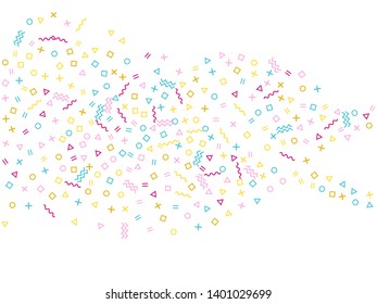 Memphis style geometric confetti vector background with triangle, circle, square shapes, chevron and wavy line ribbons. Simple 90s style bauhaus crimson blue yellow confetti flying scatter on white.
