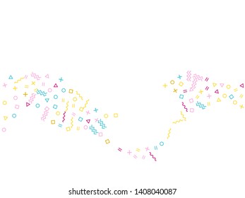 Memphis style geometric confetti vector background with triangle, circle, square shapes, chevron and wavy line ribbons. Vintage 90s style bauhaus pink cyan yellow confetti flying scatter on white.
