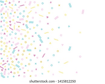 Memphis style geometric confetti vector background with triangle, circle, square shapes, chevron and wavy line ribbons. Tech 80s style memphis magenta blue yellow party confetti falling on white.