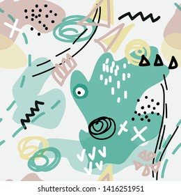 Memphis style geometric confetti vector background with triangle, circle, square shapes, chevron and wavy line ribbons. 