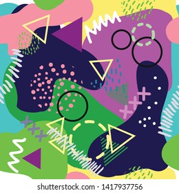 Memphis style geometric confetti vector background with triangle, circle, square shapes, chevron and wavy line ribbons
