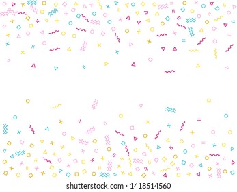 Memphis style geometric confetti vector background with triangle, circle, square shapes, zigzag and wavy line ribbons. Digital 80s style bauhaus magenta blue yellow party confetti falling on white.