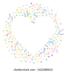 Memphis style geometric confetti vector background with triangle, circle, square shapes, chevron and wavy line ribbons. Small 80s style bauhaus crimson blue yellow confetti falling scatter on white.