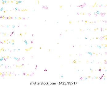 Memphis style geometric confetti vector background with triangle, circle, square shapes, chevron and wavy line ribbons. Tech 90s style memphis magenta blue yellow party confetti falling on white.