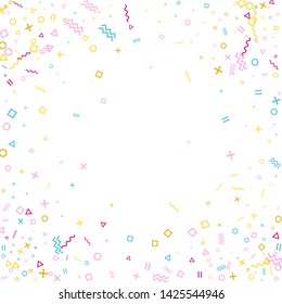 Memphis style geometric confetti vector background with triangle, circle, square shapes, zigzag and wavy line ribbons. Modern 90s style memphis pink blue yellow party confetti flying on white.