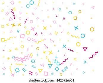 Memphis style geometric confetti vector background with triangle, circle, square shapes, chevron and wavy line ribbons. Retro 80s style bauhaus pink cyan yellow confetti flying scatter on white.