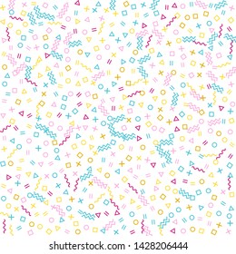 Memphis style geometric confetti vector background with triangle, circle, square shapes, chevron and wavy line ribbons. Mix 80s style bauhaus pink cyan gold party confetti flying on white.