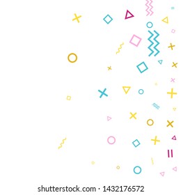 Memphis style geometric confetti vector background with triangle, circle, square shapes, zigzag and wavy line ribbons. Vintage 80s style memphis magenta blue yellow decor confetti falling on white.