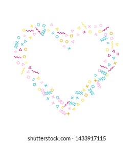 Memphis style geometric confetti vector background with triangle, circle, square shapes, zigzag and wavy line ribbons. Cool 90s style memphis crimson blue yellow decor confetti falling on white.