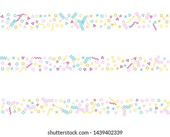 Memphis style geometric confetti vector background with triangle, circle, square shapes, chevron and wavy line ribbons. Small 90s style bauhaus pink cyan yellow decor confetti falling on white.
