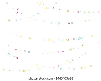 Memphis style geometric confetti vector background with triangle, circle, square shapes, chevron and wavy line ribbons. Cool 80s style bauhaus pink cyan gold confetti flying scatter on white.