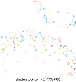 Memphis style geometric confetti vector background with triangle, circle, square shapes, zigzag and wavy line ribbons. Tech 90s style bauhaus pink blue gold decor confetti flying on white.
