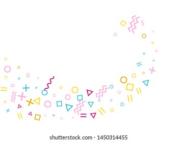 Memphis style geometric confetti vector background with triangle, circle, square shapes, chevron and wavy line ribbons. Small 80s style memphis pink blue yellow confetti flying scatter on white.