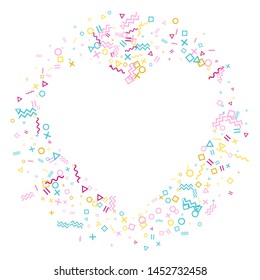 Memphis style geometric confetti vector background with triangle, circle, square shapes, chevron and wavy line ribbons. Small 80s style memphis magenta blue yellow confetti falling scatter on white.