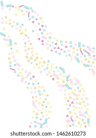 Memphis style geometric confetti vector background with triangle, circle, square shapes, chevron and wavy line ribbons. Festive 90s style bauhaus crimson blue yellow party confetti falling on white.