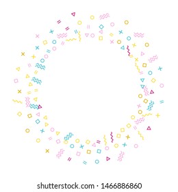 Memphis style geometric confetti vector background with triangle, circle, square shapes, chevron and wavy line ribbons. Small 90s style bauhaus pink blue gold decor confetti falling on white.