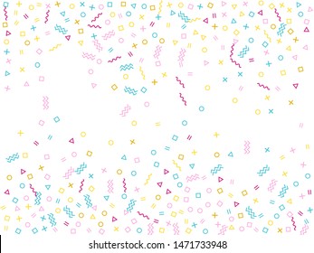 Memphis style geometric confetti vector background with triangle, circle, square shapes, zigzag and wavy line ribbons. Hipster 90s style memphis crimson blue yellow decor confetti falling on white.