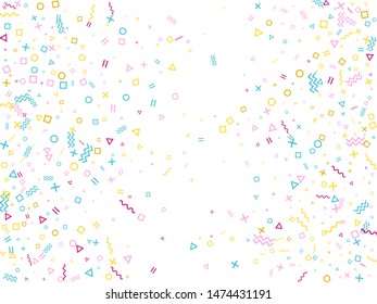 Memphis style geometric confetti vector background with triangle, circle, square shapes, zigzag and wavy line ribbons. Digital 80s style bauhaus pink blue gold party confetti falling on white.