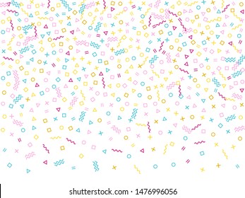 Memphis style geometric confetti vector background with triangle, circle, square shapes, zigzag and wavy line ribbons. Tech 90s style bauhaus pink cyan gold party confetti flying on white.