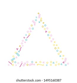Memphis style geometric confetti vector background with triangle, circle, square shapes, chevron and wavy line ribbons. Modern 90s style memphis pink cyan yellow confetti flying scatter on white.