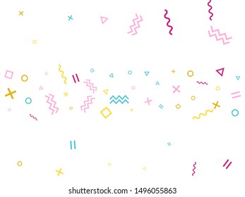 Memphis style geometric confetti vector background with triangle, circle, square shapes, zigzag and wavy line ribbons. Modern 90s style bauhaus pink cyan gold confetti falling scatter on white.