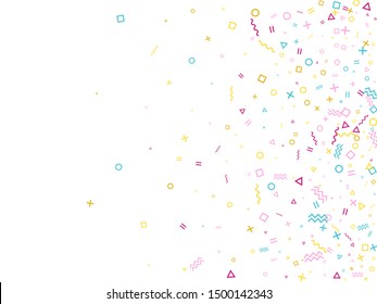 Memphis style geometric confetti vector background with triangle, circle, square shapes, chevron and wavy line ribbons. Flat 90s style bauhaus pink blue yellow party confetti flying on white.