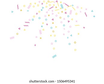 Memphis style geometric confetti vector background with triangle, circle, square shapes, zigzag and wavy line ribbons. Vintage 80s style bauhaus pink blue yellow decor confetti falling on white.