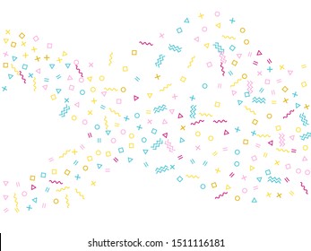 Memphis style geometric confetti vector background with triangle, circle, square shapes, chevron and wavy line ribbons. Hipster 80s style memphis pink cyan gold party confetti flying on white.