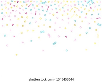 Memphis style geometric confetti vector background with triangle, circle, square shapes, zigzag and wavy line ribbons. Modern 90s style memphis pink blue gold decor confetti falling on white.