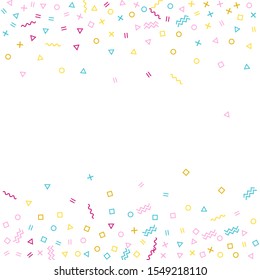 Memphis style geometric confetti vector background with triangle, circle, square shapes, zigzag and wavy line ribbons. Tech 90s style memphis crimson blue yellow party confetti falling on white.