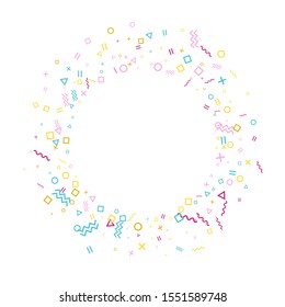 Memphis style geometric confetti vector background with triangle, circle, square shapes, zigzag and wavy line ribbons. Magic 90s style memphis pink cyan gold decor confetti falling on white.