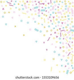 Memphis style geometric confetti vector background with triangle, circle, square shapes, chevron and wavy line ribbons. Hipster 90s style memphis crimson blue yellow decor confetti falling on white.