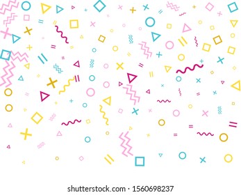 Memphis style geometric confetti vector background with triangle, circle, square shapes, zigzag and wavy line ribbons. Vintage 90s style bauhaus magenta blue yellow party confetti falling on white.