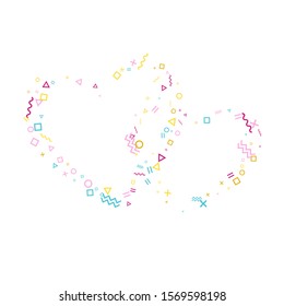 Memphis style geometric confetti vector background with triangle, circle, square shapes, chevron and wavy line ribbons. Digital 90s style bauhaus pink blue gold confetti falling scatter on white.