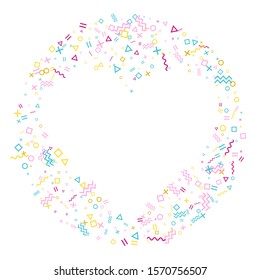 Memphis style geometric confetti vector background with triangle, circle, square shapes, zigzag and wavy line ribbons. Tinsel 80s style bauhaus pink cyan gold party confetti falling on white.