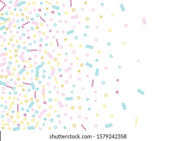 Memphis style geometric confetti vector background with triangle, circle, square shapes, zigzag and wavy line ribbons. Vintage 80s style bauhaus magenta blue yellow party confetti flying on white.