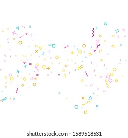 Memphis style geometric confetti vector background with triangle, circle, square shapes, chevron and wavy line ribbons. Simple 80s style bauhaus crimson blue yellow confetti falling scatter on white.
