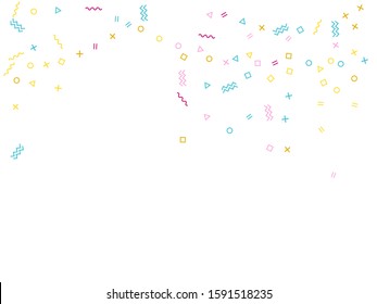 Memphis style geometric confetti vector background with triangle, circle, square shapes, chevron and wavy line ribbons. Retro 90s style memphis crimson blue yellow party confetti falling on white.